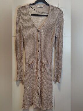 Double Zero Long Knit Duster Cardigan Button Front Beige Taupe Medium